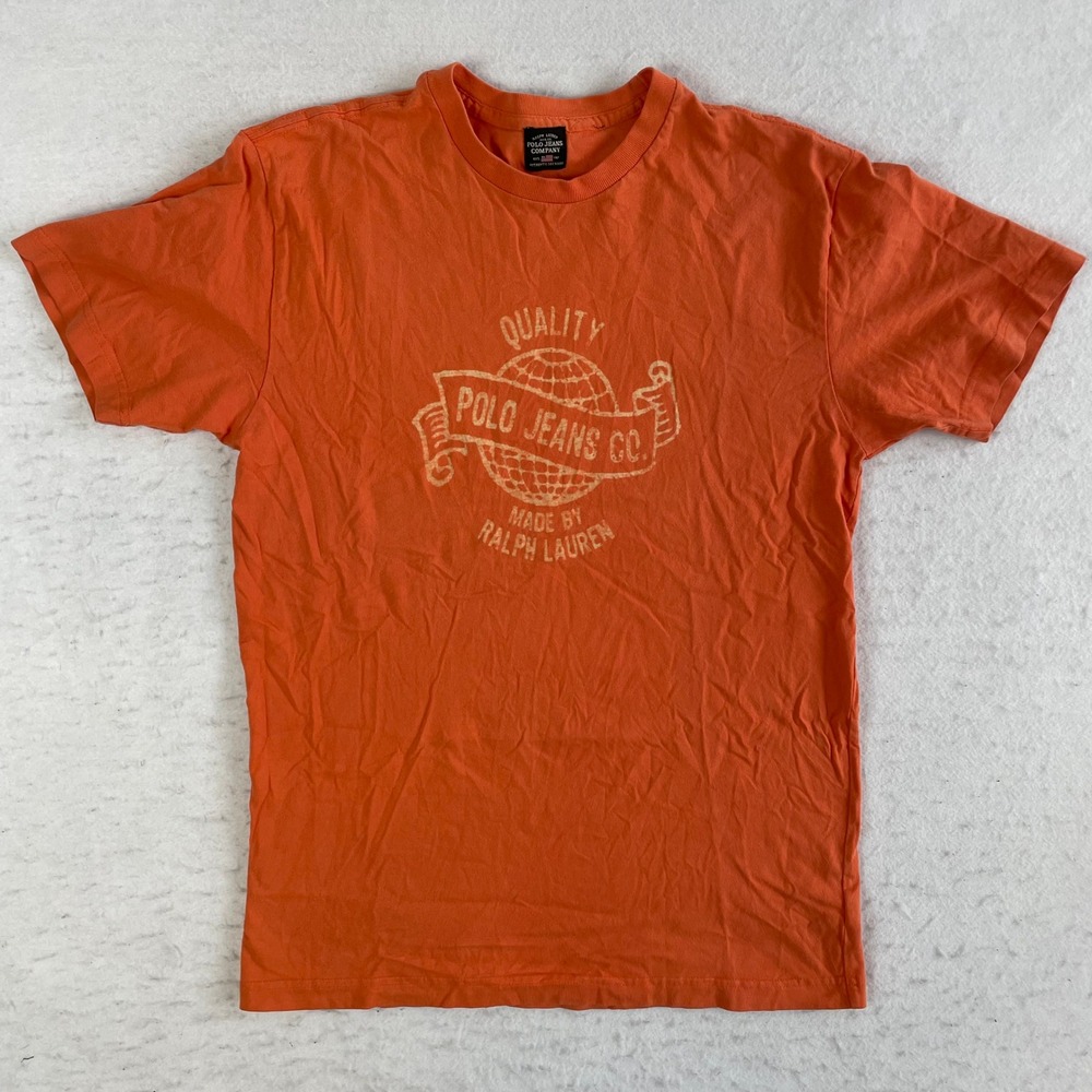 Ralph Lauren Polo Jeans Co T Shirt Mens Medium Orange Graphic Logo Short Sleeve